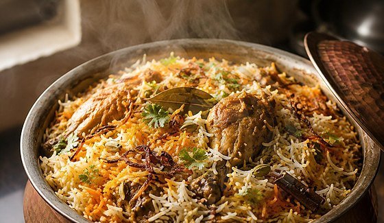 Biryani served in a copper pot — blended masala use