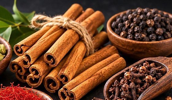 Cinnamon sticks, cloves, black pepper and saffron — whole spices