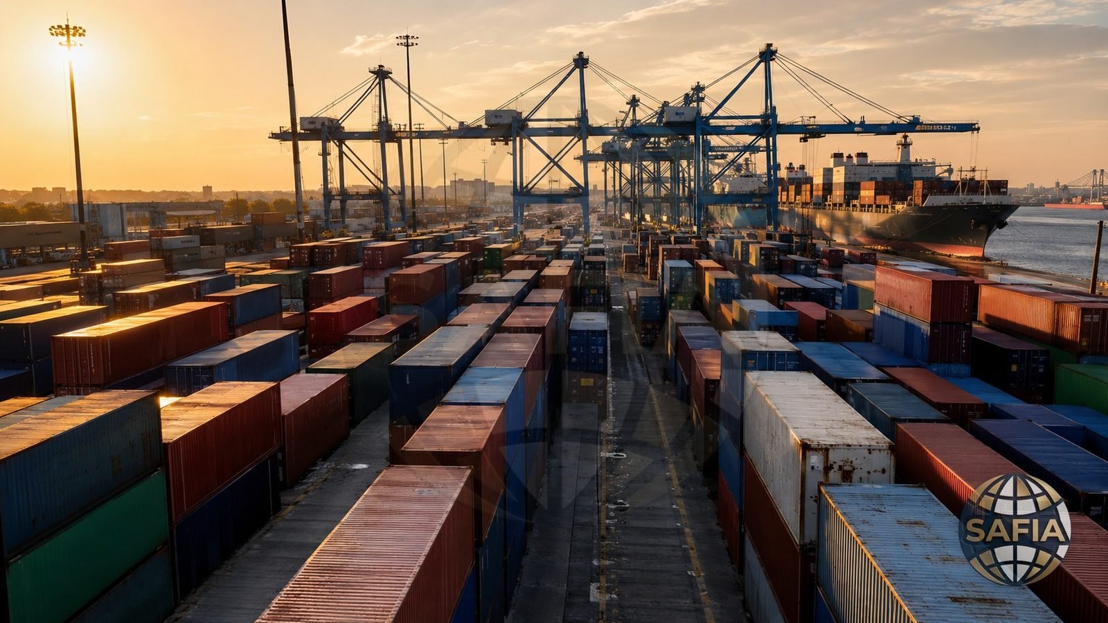 Container terminal at golden hour with a vessel alongside — SAFIA food commodity shipments into Saudi Arabia