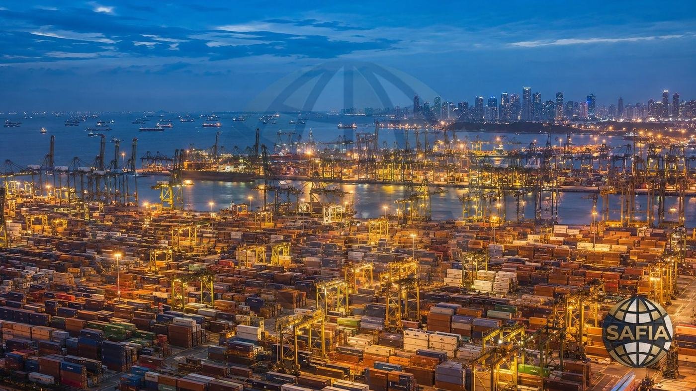 Container terminal at blue hour — SAFIA food commodity shipments to Singapore