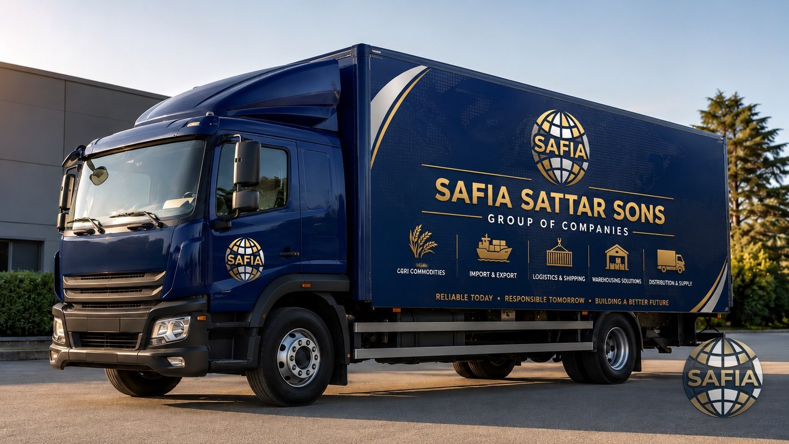 SAFIA SATTAR SONS GROUP branded delivery truck — scheduled distribution of rice, oils, pulses and frozen foods to restaurants and caterers