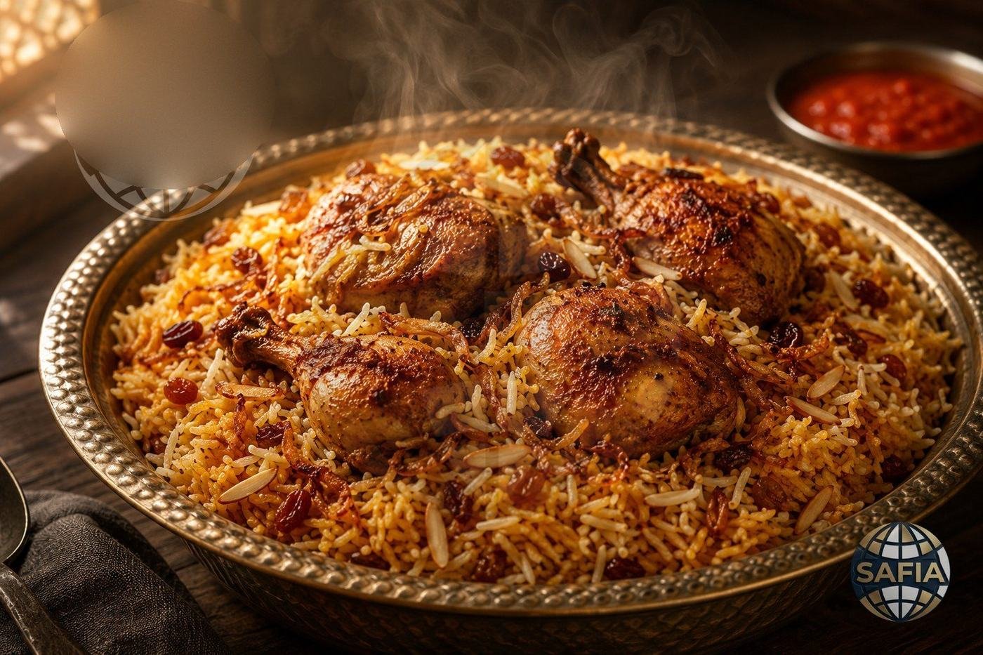Saudi Kabsa made with SAFIA 1121 extra long grain basmati — separate golden grains with roasted chicken, fried onion, raisins and almonds