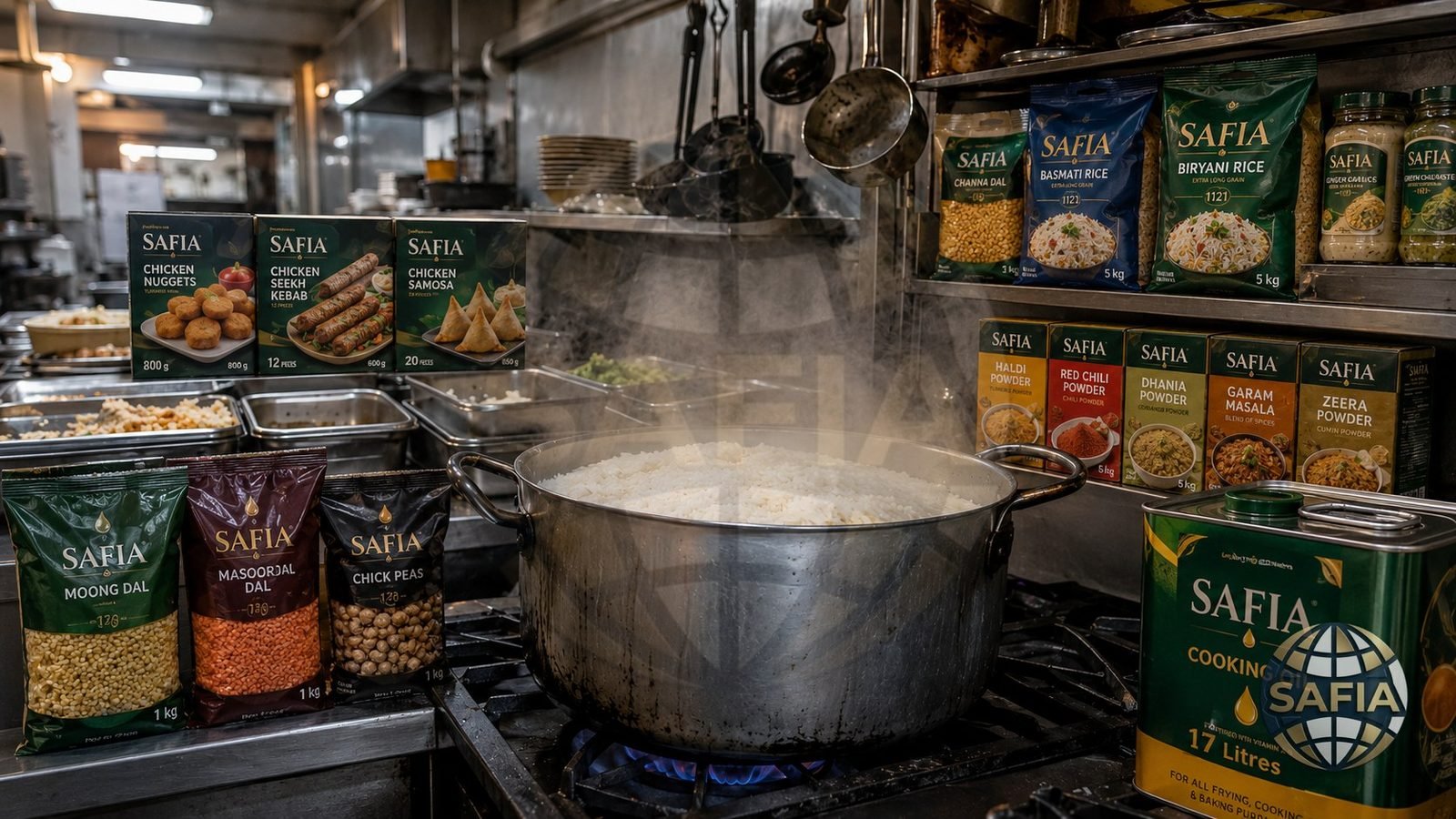 SAFIA rice, pulses, spices, cooking oil and frozen foods in a working commercial kitchen