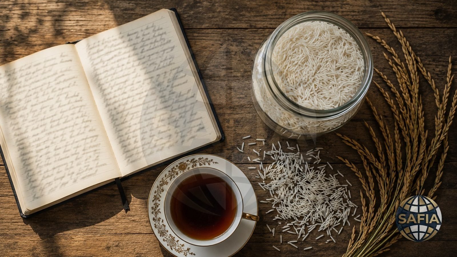 Rice buying notes beside a jar of SAFIA extra long grain basmati and a paddy sprig — SAFIA Rice Knowledge Center