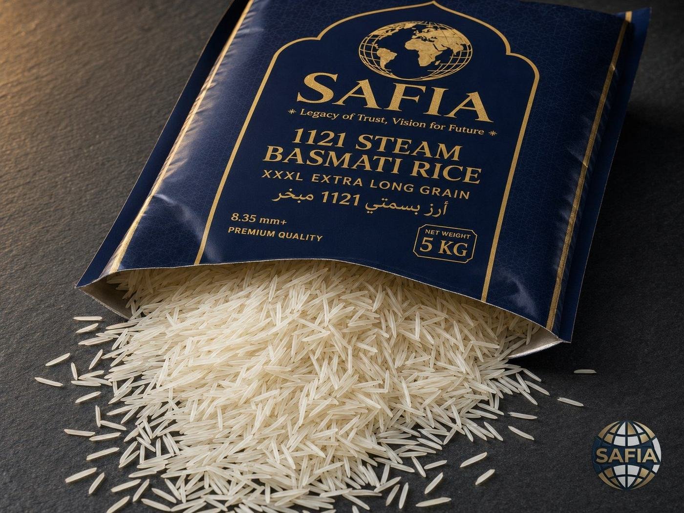 1121 Steam Basmati rice premium grains — SAFIA — representative rice image