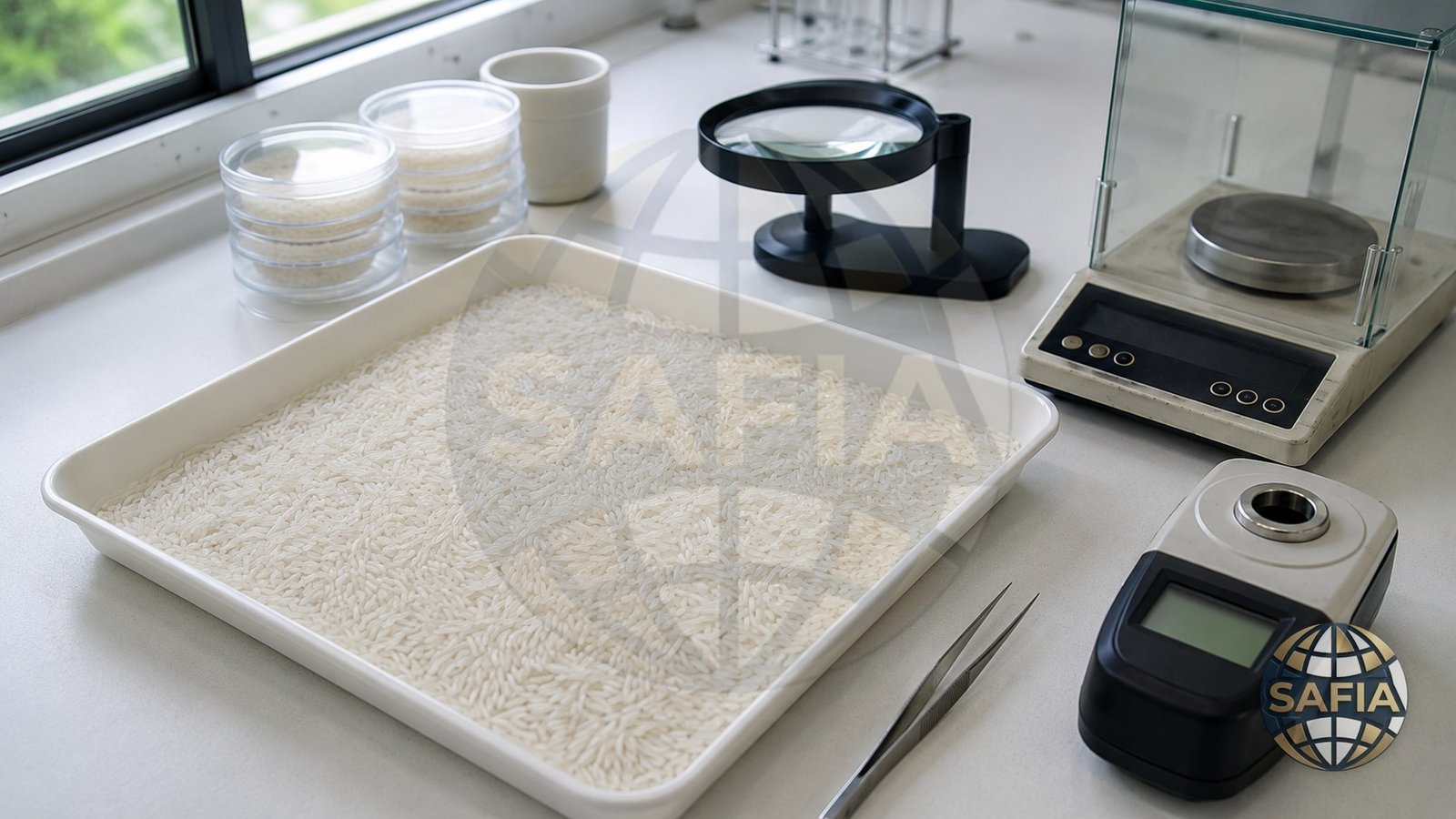 Rice quality third-party bench — sample inspection tray, analytical balance, moisture meter, magnifier and tweezers used to verify every SAFIA lot