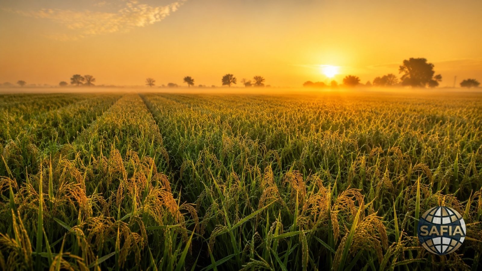 SAFIA rice fields at golden sunrise — from origin to export
