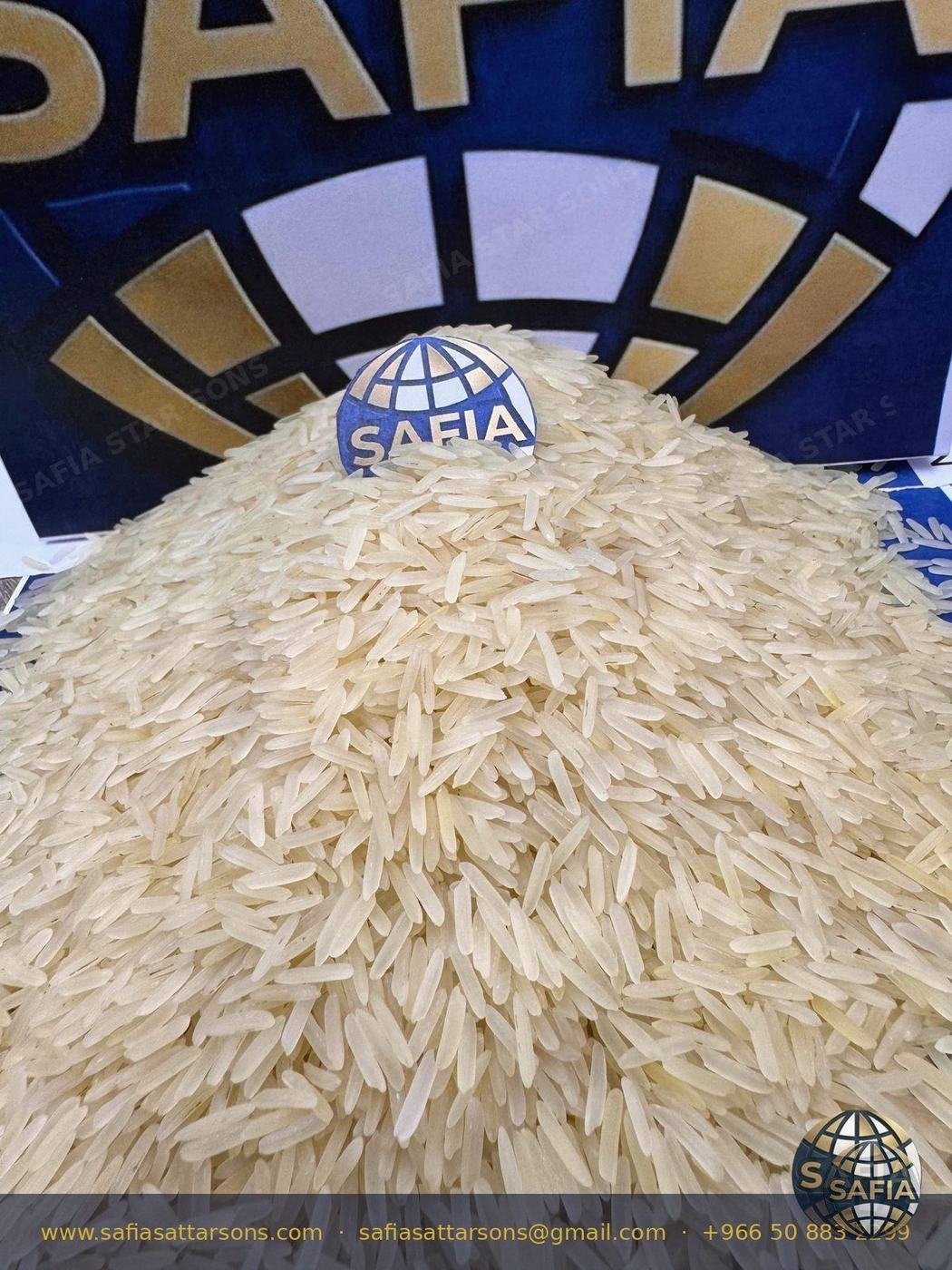SAFIA 1121 Creamy Sella Basmati rice pile with brand logo — representative rice image
