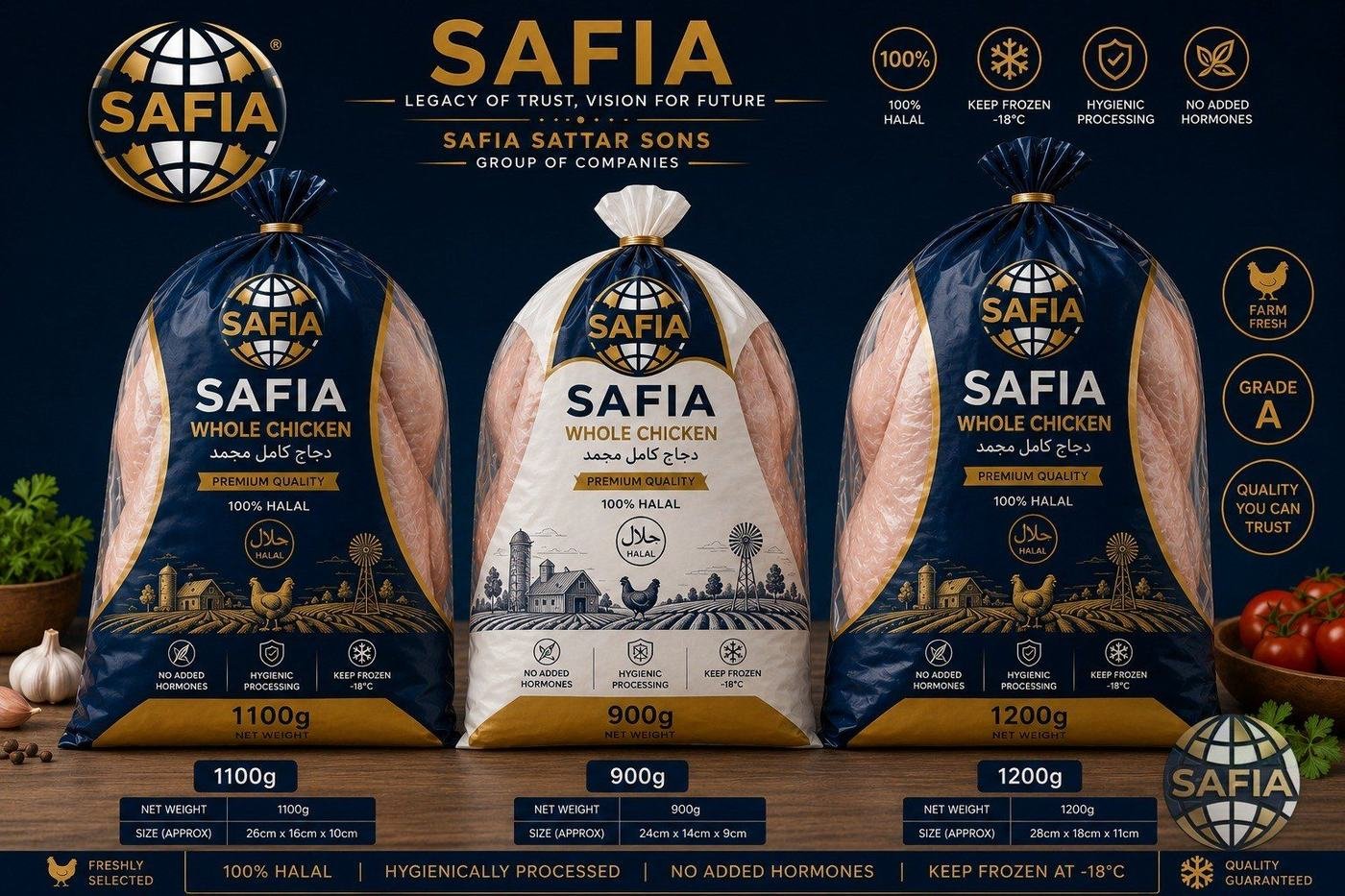 SAFIA frozen whole chicken in 900g, 1100g and 1200g — 100% halal, hygienically processed, keep frozen at −18°C