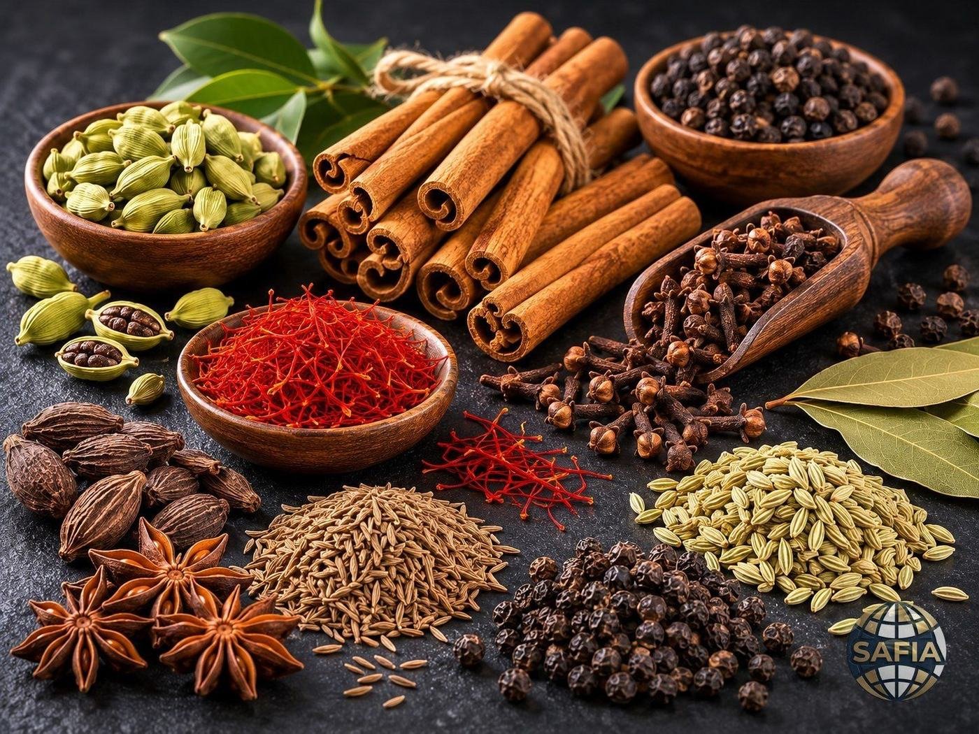SAFIA premium whole spices — cardamom, cinnamon, cloves, saffron, pepper