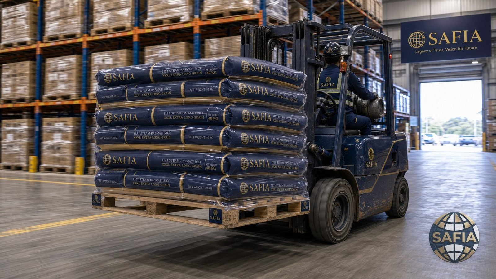 Palletised SAFIA 1121 Steam Basmati Rice sacks being moved for container loading